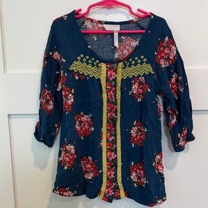 Matilda Jane Girl’s Navy Floral Button-Front Peasant Top with Yellow Trim
